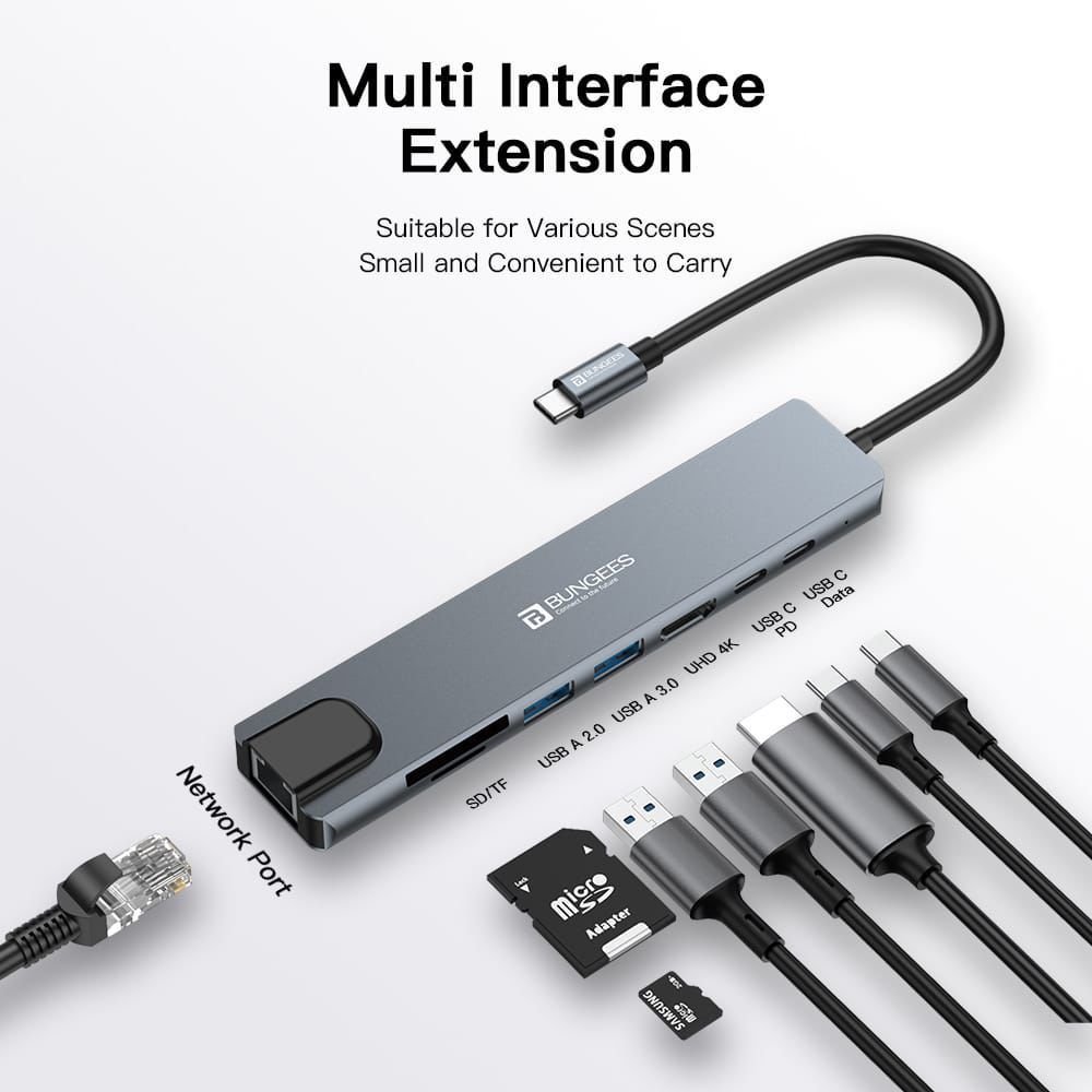 Bungees Type-C HUB Dock 8 in 1 (HDMI | USB | LAN | TF | SD CARD | TYPE-C) BN-DST801 view 4